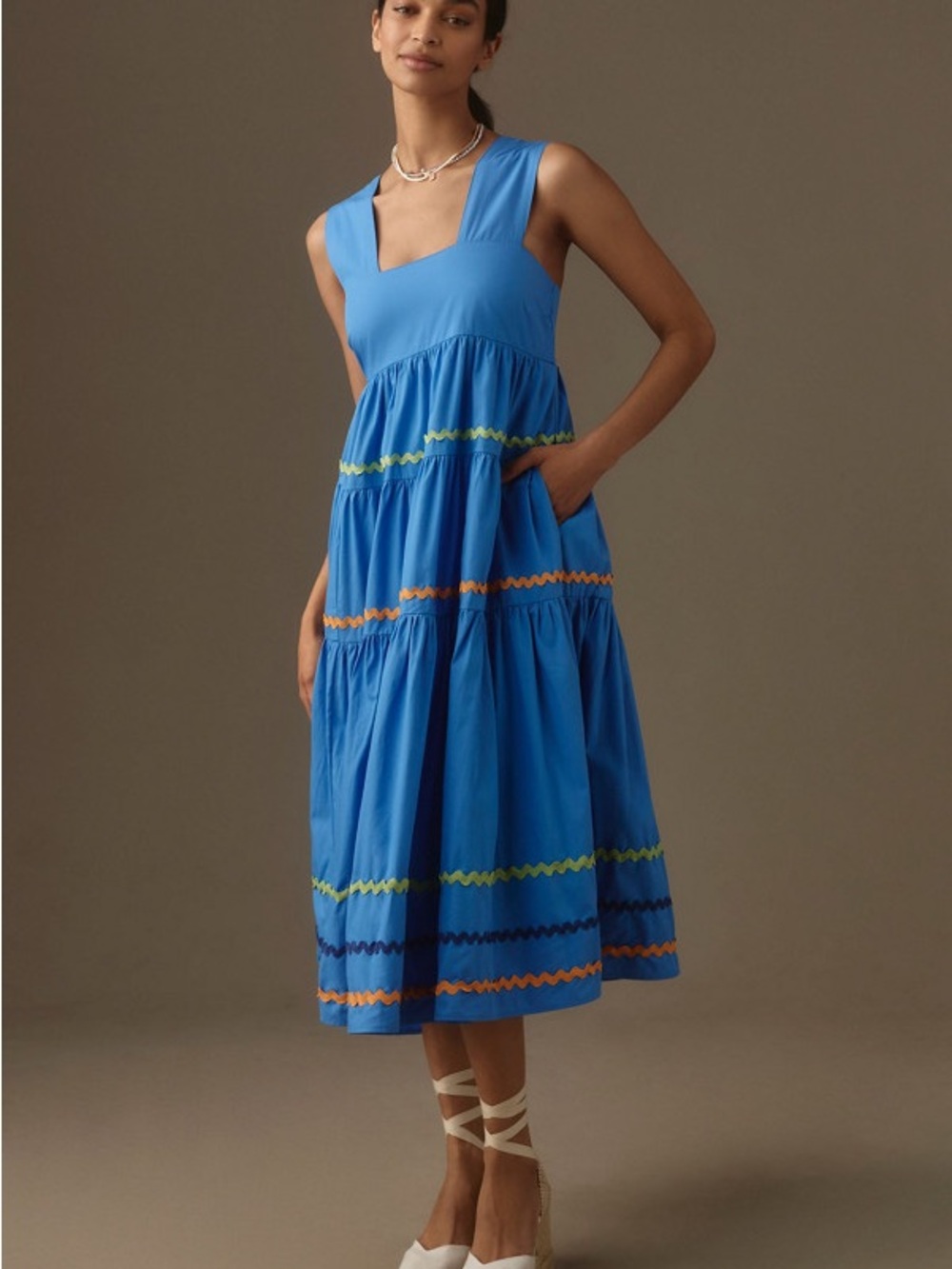 Anthropologie Blue Tiered Midi Dress with Colorful Ric Rac Trim - Picture 3 of 3